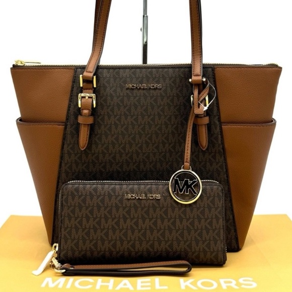 Michael Kors Large Charlotte Tote Bag & Continental Wallet Luggage Brown